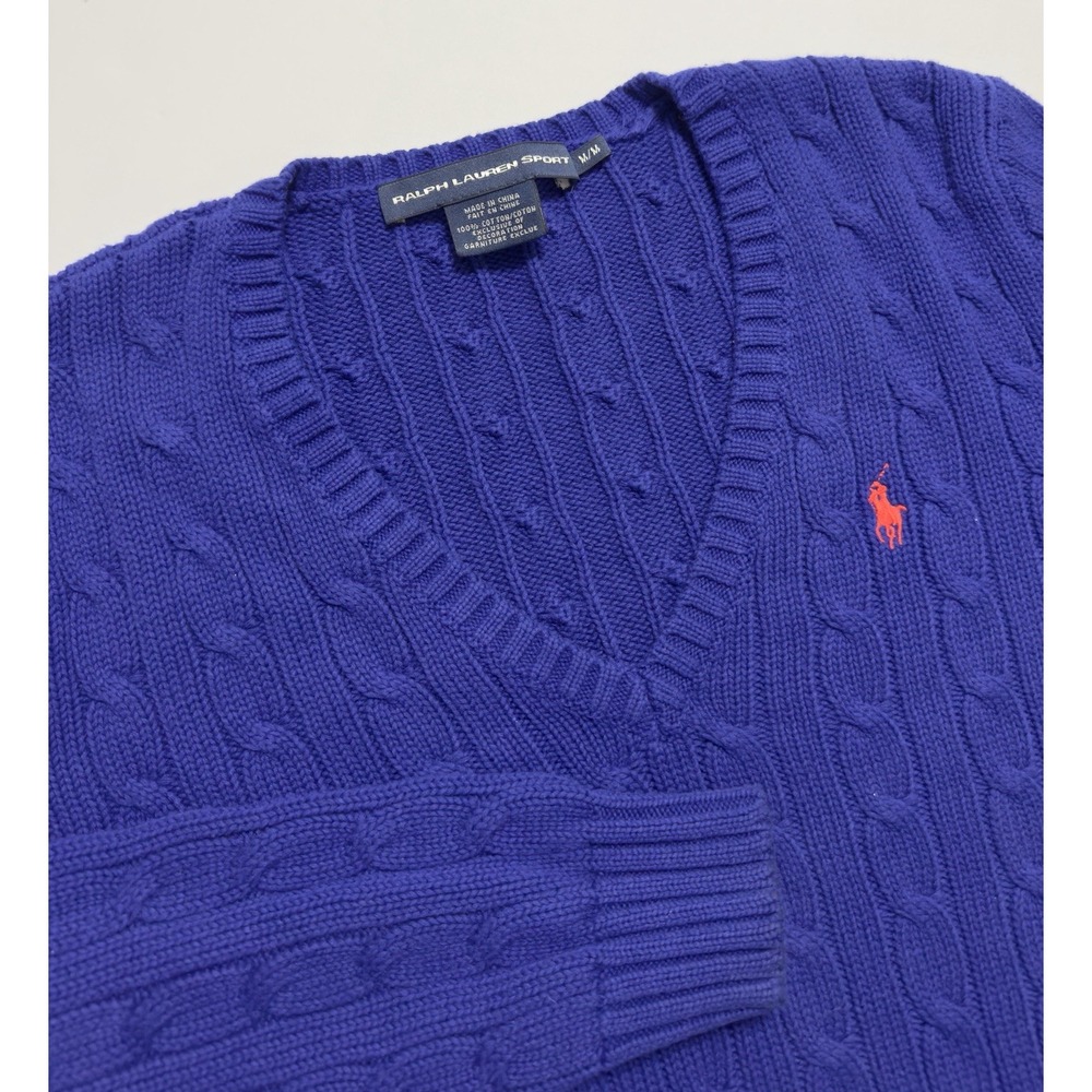 VTG Y2K Ralph Lauren Sport Women's Cable Knit Pullover V-neck Sweater Sz M Blue